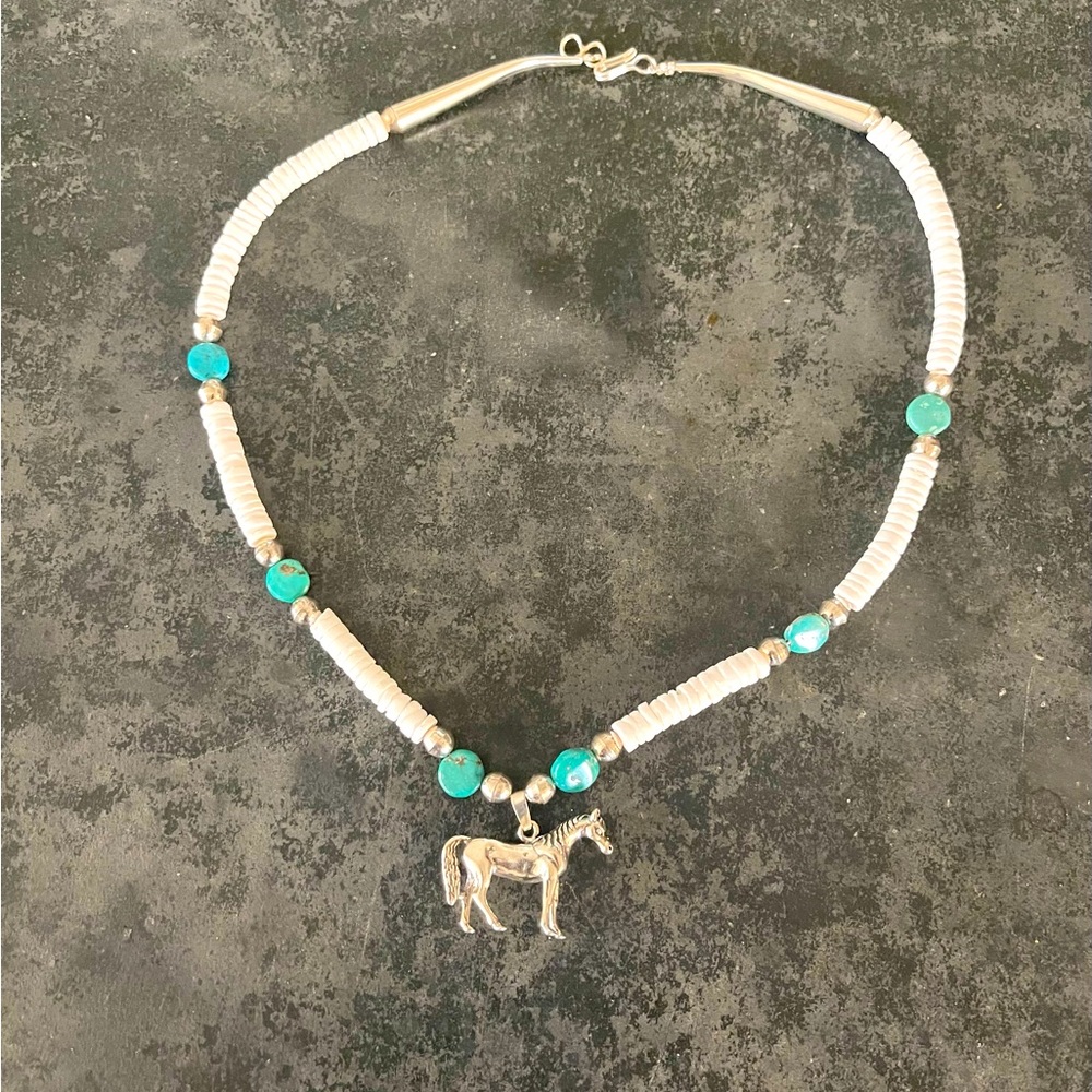 Hand Crafted  One of a Kind Sterling Silver Horse Necklace with Shell/Turquoise